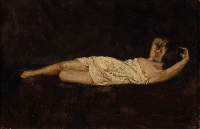 Armin Glatter, 1861 Kaschau-1931 Budapest, liegender Halbakt, Öl/Holzplatte, rechts unten schwer lesbar signiert (schwarz auf braun), ca. 20x30cm, ...