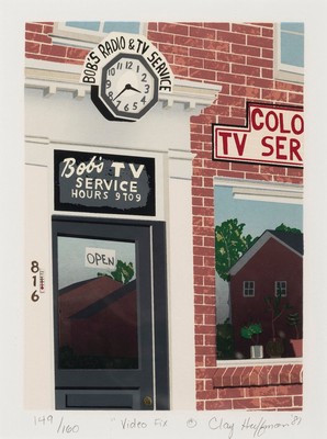 Clay Huffmann, 1957-2001, US-amerikanischer Künstler, Ausbildung am Torpedo Factory Art Center, Farbserigraphie, "Video Fix", 1981, Ed. ...