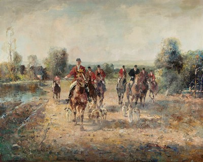 Ludwig Gschosmann, 1894 Straßburg-1988 Tegernsee, Parforce-Jagd, Öl/Lwd, links unten sign., ca. 80x100cm, R. ca. 99x119cm