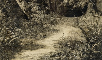 Frederick Juncker, gest. 1906 in Paris, Schüler von L. Cogniet, Lit. vgl. Bénézit, hier: 3 Mischtechniken in Aquarell und Tusche, 1.) Waldweg, ca. ...