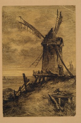 Frederick Juncker, gest. 1906 in Paris, Schüler von L. Cogniet, Lit. vgl. Bénézit, hier: 4 Mischtechniken in Aquarell und Tusche,a) Baum vor Haus, ...
