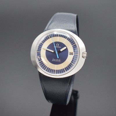 OMEGA Geneve Dynamic Herrenarmbanduhr in Stahl Referenz 166.039, Schweiz um 1968, Handaufzug, quer-ovales Monocoque Geh., orig. Lederband m. ...