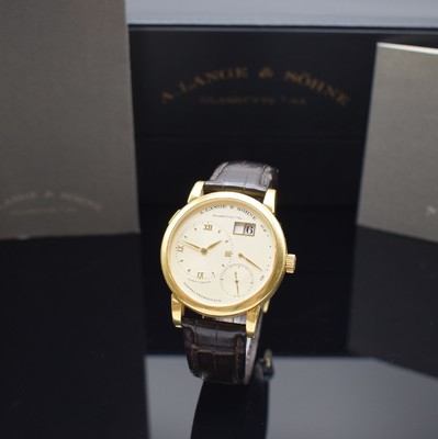 A. LANGE & SÖHNE sehr seltene frühe Lange 1 Referenz 101.001 in GG 750/000, Deutschland um 1995, Handaufzug, 6-fach verschr. Geh., noch massiver ...