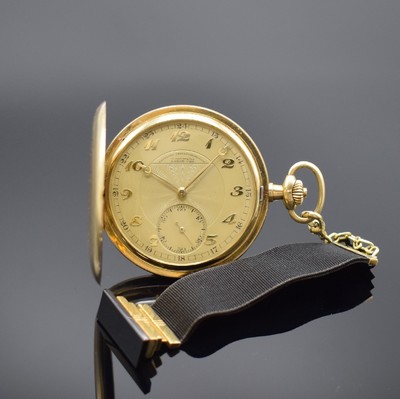 OLIV LANGE-UHR Herrensavonette in GG 585/000, Deutschland um 1925, streifen- guill. 3-Deckel Goldgeh., gold. im Zentrum guill. Zifferbl., gold. ...