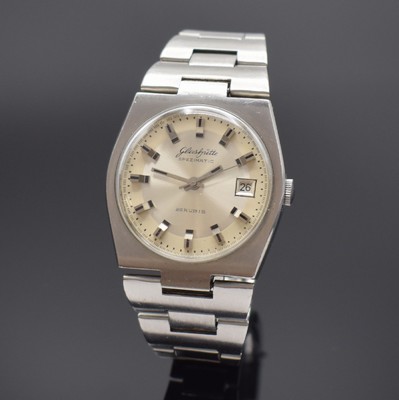 GLASHÜTTE Spezimatic seltene Herrenarmbanduhr in Stahl/Stahlband, DDR um 1975, Automatik, gedr. Geh. m. integr. orig. Stahlband, silb. ...