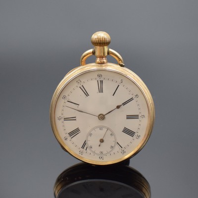 Offene Taschenuhr in RG 585/000, Schweiz um 1890, guill. Geh. dell./berieb./rep., Metall- cuvette, Emailzifferbl. m. röm. Zahlen, kl. Sek. b. 6, ...