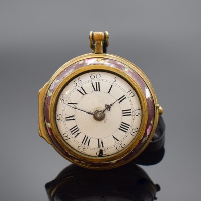 J.MITCHELL London seltene Spindeltaschenuhr im Porzellangehäuse, England um 1760, Porzellangeh. m. verg. Messing-Montierungen und großem ...