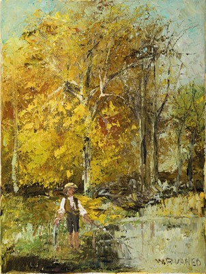 Prof. Walter Prescher van Ed, 1916 Dresden - 1988 Ottendorf, zwei Ölgemälde: a. "Herbst am Parkweiher", 40 x 30 cm, b. "Bauer mit ...
