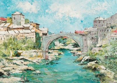Prof. Walter Prescher van Ed, 1916 Dresden - 1988 Ottendorf, "Mostar- Stari Most", Alte Brücke in Mostar Bosnien-Herzegowina, Öl/Lwd, ...