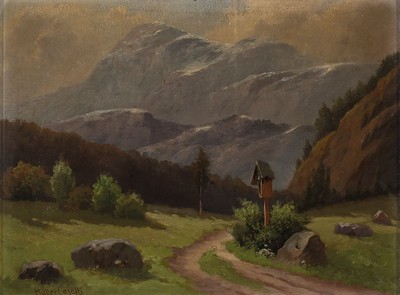 Müller-Caselli, frühes 20.Jh., Voralpenlandschaft mit Wegekreuz, Öl/Holz, links unten signiert, Rahmen, 37x46 cm
