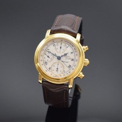 MAURICE LACROIX Herrenarmbanduhr mit Chronograph, Schweiz um 1995, Automatik, verg. Geh., Boden aufgedr., Lederband m. orig. Dornschl., guill. silb. ...