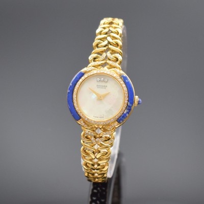 SARCAR Damenarmbanduhr in GG 750/000, Schweiz um 1980, Handaufzug, Kettengliederband in GG 750/000, 2-teil. Gehäuse mit Lapislazuli besch., Lünette ...