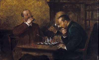 Hans August Lassen, 1857 Haldersleben-1938 Ratingen, Studium an der Akademie Düsseldorf, drei Herren beim Schachspiel, rechts unten signiert und ...