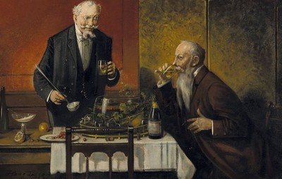 Hans August Lassen, 1857 Hadersleben-1938 Ratlingen, Studium an der Akademie Düsseldorf, zwei Herren beim Probieren der Bowle, Öl/Karton, links ...