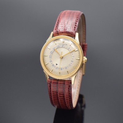 LeCOULTRE Herrenarmbanduhr in GG 585/000, Schweiz für US-Markt, um 1950, Handaufzug, Boden aufgedr., silb. Zifferbl. m. zentraler Drehscheibe f. ...