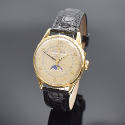 GÜBELIN Ipso-Matic Herrenarmbanduhr mit Vollkalender, Schweiz um 1950, Automatik, verg. Geh., Boden und Lünette aufgedr., Korrekturdr. seitl. im ...