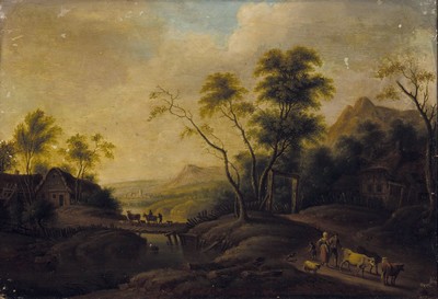 Süddeutscher Landschaftsmaler, um 1770, hügelige Flußlandschaft mit Hirten und Viehtrieb über eine Holzbrücke, Öl/Malkarton, gekonnte ...