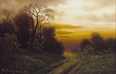 Hoffmann o.ä., bezeichnet Stuttgart 1915, Feldweg am Waldrand im Abendrot, feine detailreiche Malerei in Öl auf Malkarton, links unten signiert, ...