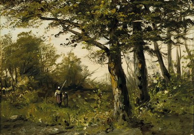 Unbekannter Künstler, Frankreich, um 1900, Herbstliche Waldlandschaft, Mutter mit Kind auf dem Nachhauseweg, Öl/Holz, unsigniert, ca. 15x22cm, R. ...