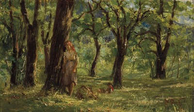 Napoleone Luigi Grady, 1860-1949, Junge Frau lehnt an einem Baum im Wald, zu ihren Füßen sitzt ein Kind, Öl/Holz, rechts unten signiert, ...