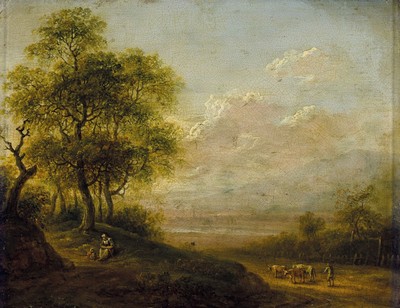 Christian Georg Schüz, 1758-1823, Ideale Landschaft mit Kühen und Hirte, seitlich mutter mit Kind am Wegrand, Öl/Holz, mittig unten signiert und ...
