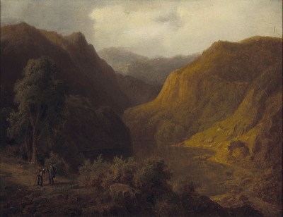 Monogrammist O.P., Romantiker, um 1860-70, weite hügelige Landschaft mit Bergsee, im Vordergrund zwei Wanderer, Öl/Lwd, re. u. monogr., feine ...