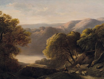 Alexandre Calamé, 1810 Vevey-1864 Menton, Schäfer mit seiner kleinen Herde auf einem Baum bestandenen Weg, im Hintergrund ein See in hügeliger ...