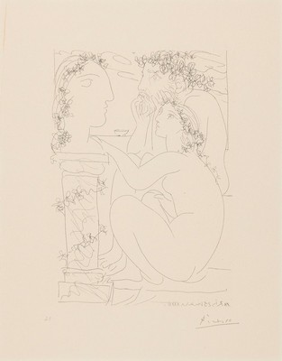 Pablo Picasso, 1881 Malaga-1973 Mougins, "Sculpture et Modele admirant une Tete sculptee" aus der Serie Suite Vollard (1956), Lithographie ...
