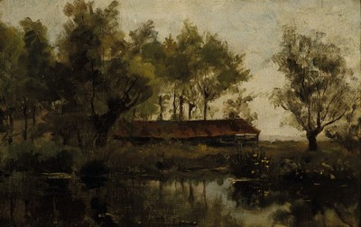 Dirk Gerard Ezerman, 1848 Zutphen-1913 Rotterdam, Sumpflandschaft mit Kopfweiden und Gebäude, Öl/Malkarton, links unten signiert, ca. 33x50cm, R. ...