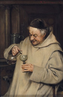 Richard Linderum, 1851 Dresden-1926 München, Mönch bei der Weinprobe, Öl/Holz, rechts obensigniert, ca. 23x15cm, R. ca. 41x34cm