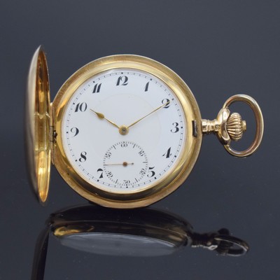 Herrensavonette in RG 585/000, Schweiz um 1915, glattes, 2-Deckel Goldgeh. dell., Metallcuvette, Emailzifferbl. m. arab. Zahlen, gold. Zeiger, kl. ...