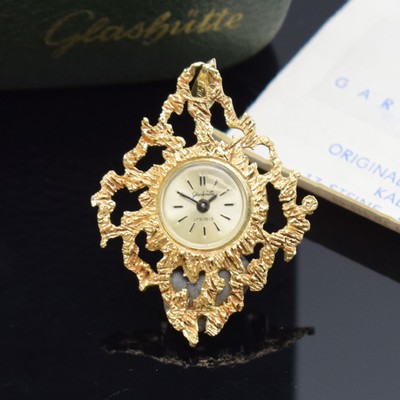 GUB GLASHÜTTE Anhängeuhr in GG 585/000, DDR 1970er Jahre, Handaufzug, Boden aufgedr., silb. Zifferbl. m. aufges. Std.-Ind., geschw. Zeiger, sign. ...
