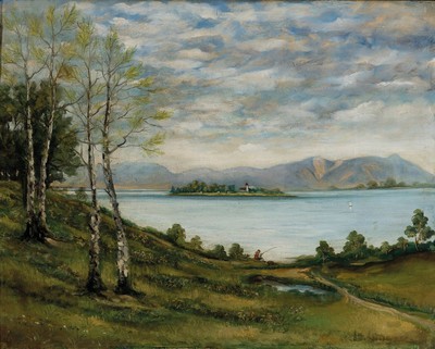 Wagner, deutscher Maler des 20. Jh., Blick auf den Chiemsee und die Fraueninsel, Öl/Lwd, rechts unten unleserlich signiert, ca. 58x76cm, Prunkrahmen ...