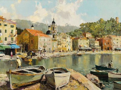 Friedrich Klaiberg, 1921 Gelsenkirchen-1998,Südlicher Hafen, rückseitig bez. Lerici, Öl/Lwd, links unten signiert, ca. 60x80cm, R. ca. 75x95cm