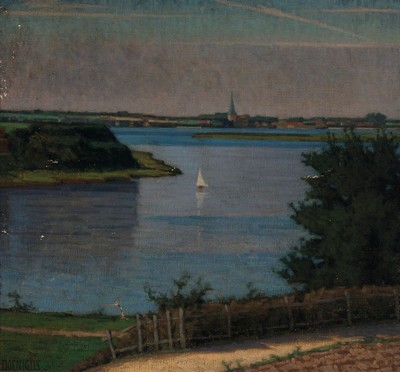 Max Doenigus, Künstler der Berliner Schule desfrühen 20.Jh., Seenlandschaft, links unten signiert, Oberflächenschäden, Öl/Holz, rest., Reinigung ...