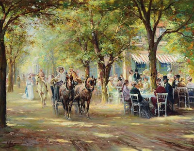 Horst Altermann, 1925-1978 Düsseldorf, belebte Szene mit Kutsche und Reiter auf Baum bestandener Straße und gut besuchtem Gartencafé, ...