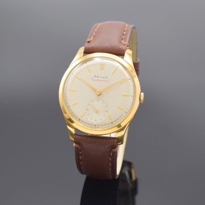 REVUE Centenaire Kaliber 81 große Herrenarmbanduhr, Schweiz um 1955, Handaufzug, verg. Geh., gedr. Stahlboden, silb. Zifferbl. pat., gold. Indizes ...