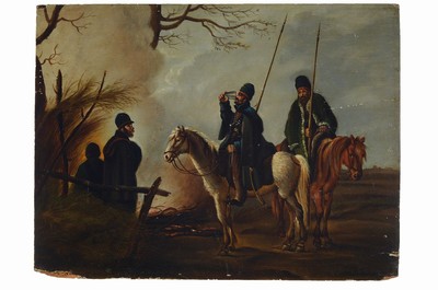 J. H. Scholtz o.ä., Maler um 1830-40, Wachsoldaten und 2 Reiter bei nächtlicher Rast am Feuer, Öl/Holz, rechts unten kaum lesbar signiert, ...