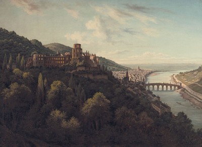 Auguste Finke, Malerin des 19. Jh., Blick auf die Stadt und das Schloß Heidelberg, Öl/Lwd, links unten signiert, altersbedingt krakeliert, min. ...