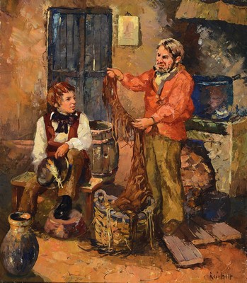 Nadia E. Reichelt, 1912-2003, Großvater und Enkel in bäuerlicher Küche, Öl/Lwd, rechts unten signiert, ca. 80x70cm, R. ca. 93x83cm