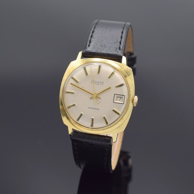 CONDOR Herrenarmbanduhr in GG 585/000, Schweiz um 1970, Automatik, Boden aufgedr., silb. Zifferbl. m. aufges. gold. Std.-Ind., gold. Zeiger, Datum b. ...