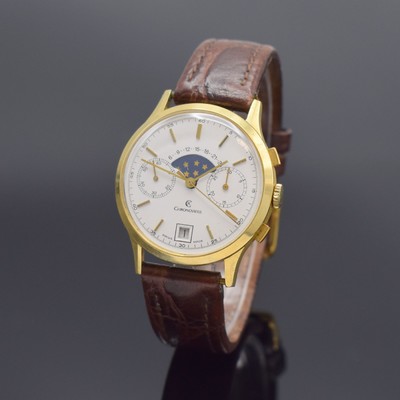 CHRONOSWISS Herrenarmbanduhr mit Chronograph, Mondphase und Datum in GG 750/000, Schweiz um 1980, Handaufzug, 3-teil. Geh. dell., Boden und Glasrand ...