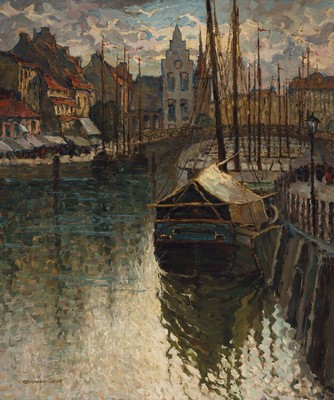 Gerhard Graf, 1883-1958 Berlin, Blick in einen Hafen, wohl Königsberg, Öl/Lwd, links unten signiert, mit dem Titel "Der Fischmarkt in ...