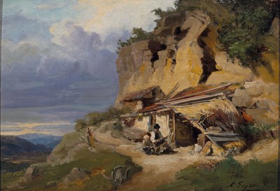 Alexius Geyer, 1816-1883 Berlin, Personen vor einer Hütte in südlicher Berglandschaft, Öl/Malkarton, rechts unten signiert, ca. 27x39cm, R. ca. ...