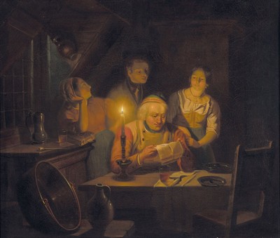 Unbekannter Künstler, um 1830-40, Familie am Tisch versammelt bei Kerzenschein, der Vater liest einen Brief vor, Öl/Lwd, doubl., rest., ca. ...