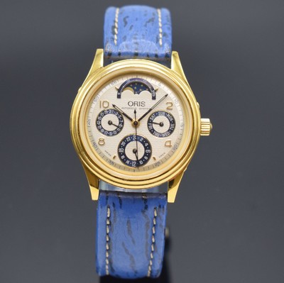 ORIS Herrenarmbanduhr mit Vollkalender und 2. Zeitzone Referenz 7433, Schweiz um 1995, Automatik, verg. Geh. beids. vergl., Boden geschr., silb. ...