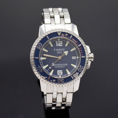 TISSOT Seastar 660 Herrenarmbanduhr, Schweiz um 2004, quarz, verschr. Edelstahlgeh. inkl. Gliederband m. Faltschl., drehb. Lünette besch., blaues ...