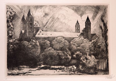 Paul Bürck, Pfalz du meine Heimat, Mappe mit 20 Radierungen, Neuauflage 1922, handsigniert, zum Teil stockfleckig und gebräunt, leichte ...