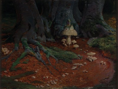 Gustav Ernst, 1858 Elsterberg-1945 Bad Dürkheim, Die Burg Champignon !, rückseitig so betitelt, Öl/Malkarton, rechts unten sign.,ca. 48x64cm, R. ...