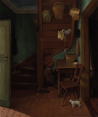 Gustav Ernst, 1858 Elsterberg-1945 Bad Dürkheim, Interieur unter der Treppe, Öl/Lwd, rechts unten sign., ca. 70x58cm, R. ca. 77x67cm